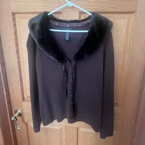 Sarah Spencer Plum Merino Wool Button Cardigan with Faux Fur Collar